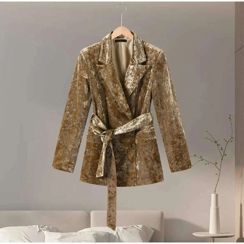 KIMLUD, Fashion Velvet Print Lapel Belt Suit Pant Set Women Solid Lace Up Full Sleeve Blazer Wide Leg Cuffed Pants 2025 Autumn Lady Sets, KIMLUD Womens Clothes