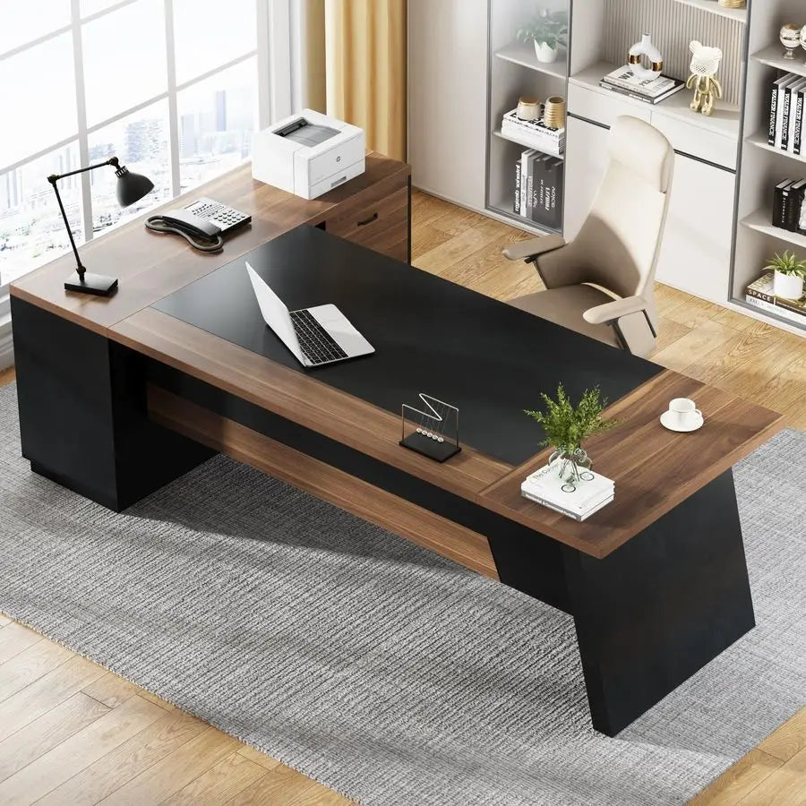 78 LShaped Executive Desk, Large Modern Office Desk with Drawers and File Cabinet, Business Furniture with Storage Shelves, Big