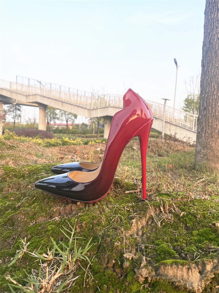 Spring and Autumn New Lacquer Wave V-neck High Heels 12cm Fashionable and Sexy Commuting Single Shoes