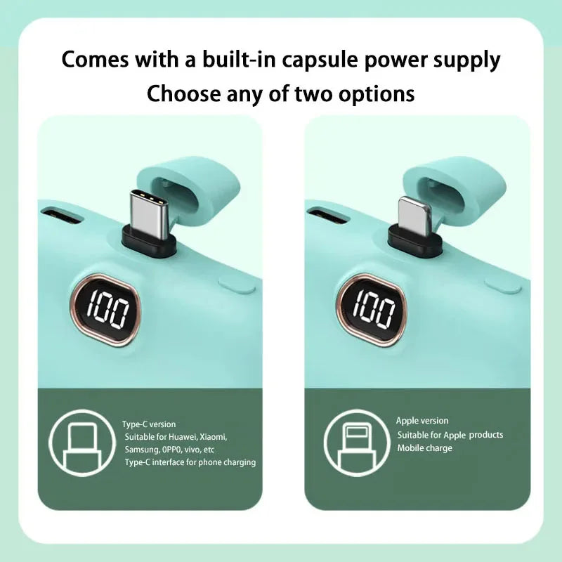Mini Power Bank 2000/5000mAh Built Cable Portable Mobile Charger Fast Charger Spare Battery Capsule Power bank For iPhone Type-C
