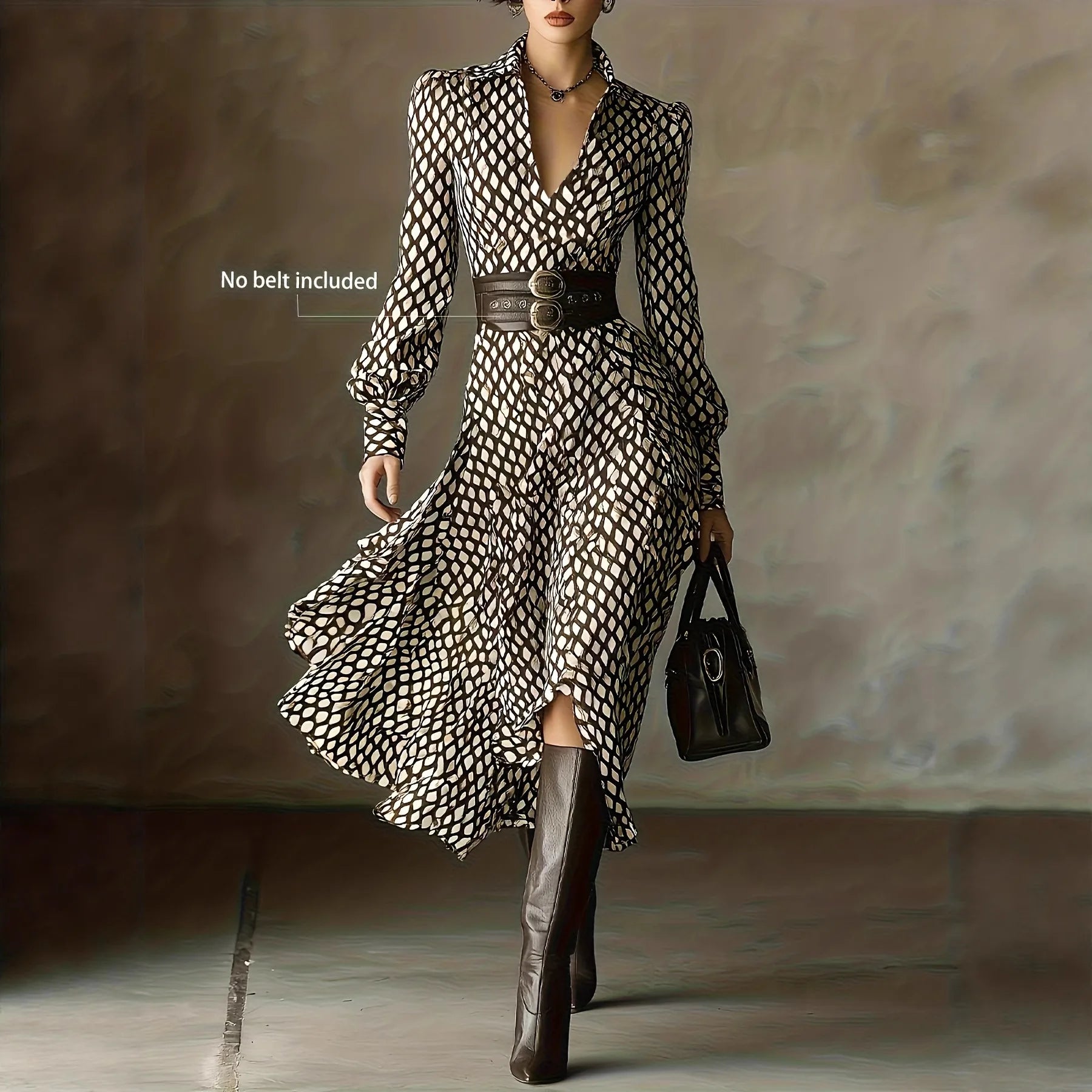 Women's Vintage Plaid Print Shirt Dress V-neck Bubble Long Sleeve High Waist Slim A- line Skirt Elegant Midi Dress Autumn Fashio