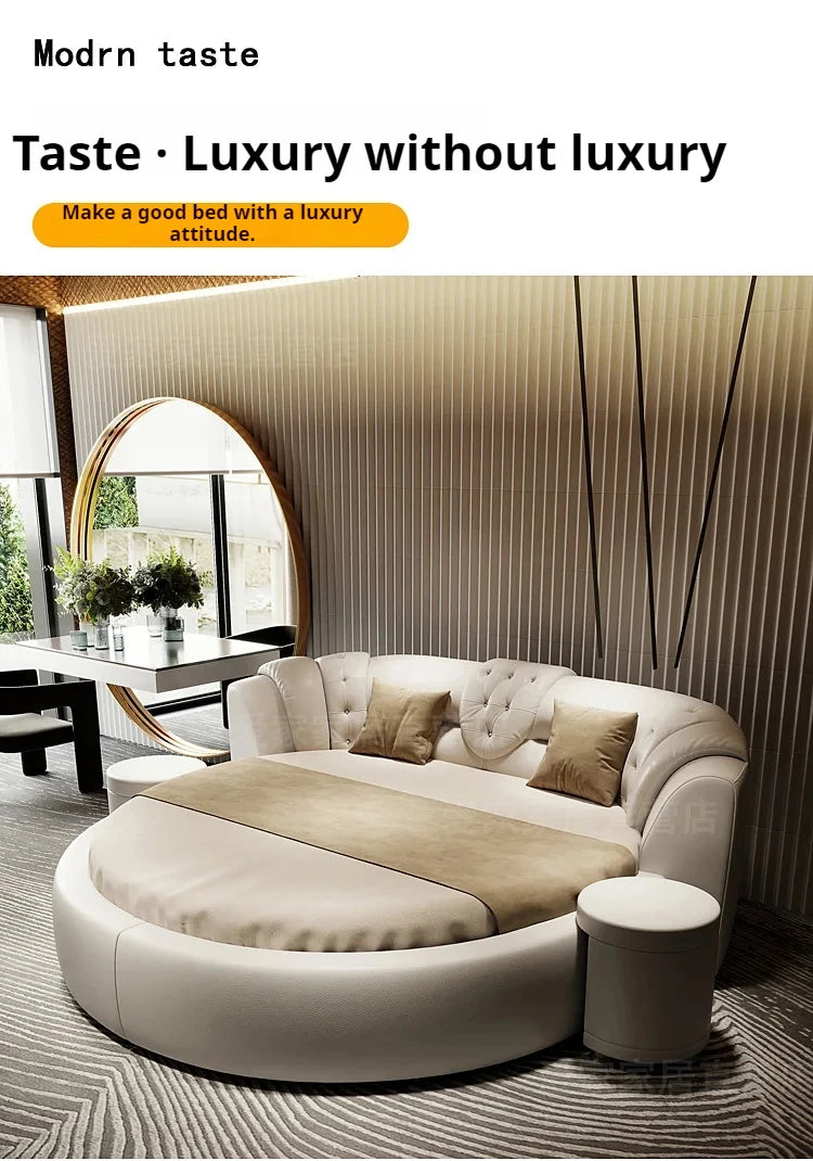 European Style Round Bed Luxury Leather Surface — Ivory White | KIMLUD