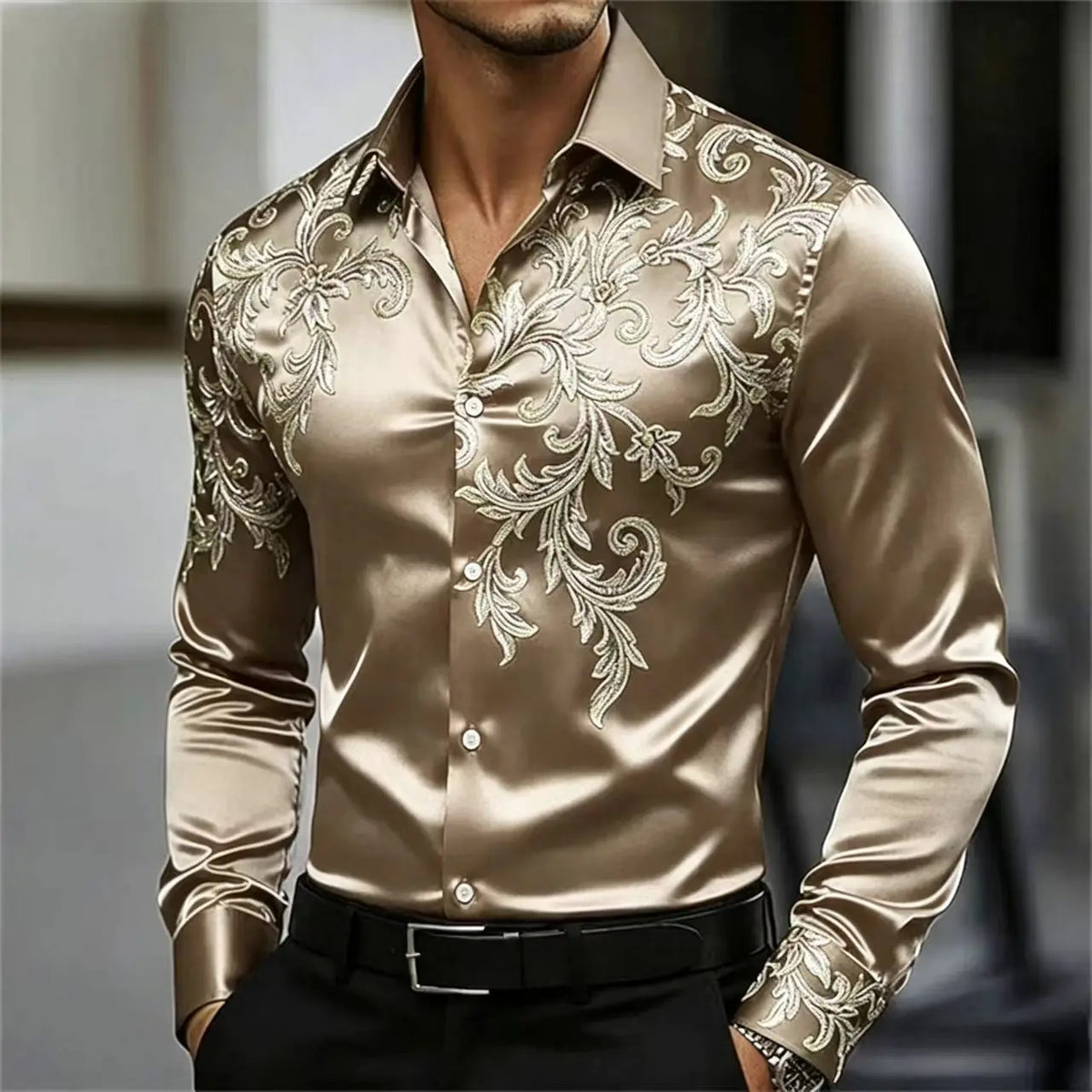 Men's Satin Paisley Print Shirt – Silk Polyester | KIMLUD