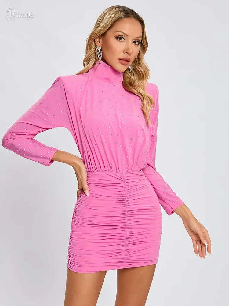 KIMLUD, VC Chic Hot Pink High Neck Long Sleeve Mini Dress with Sparkling Rhinestone Embellishments and Ruched Detailing, KIMLUD Womens Clothes