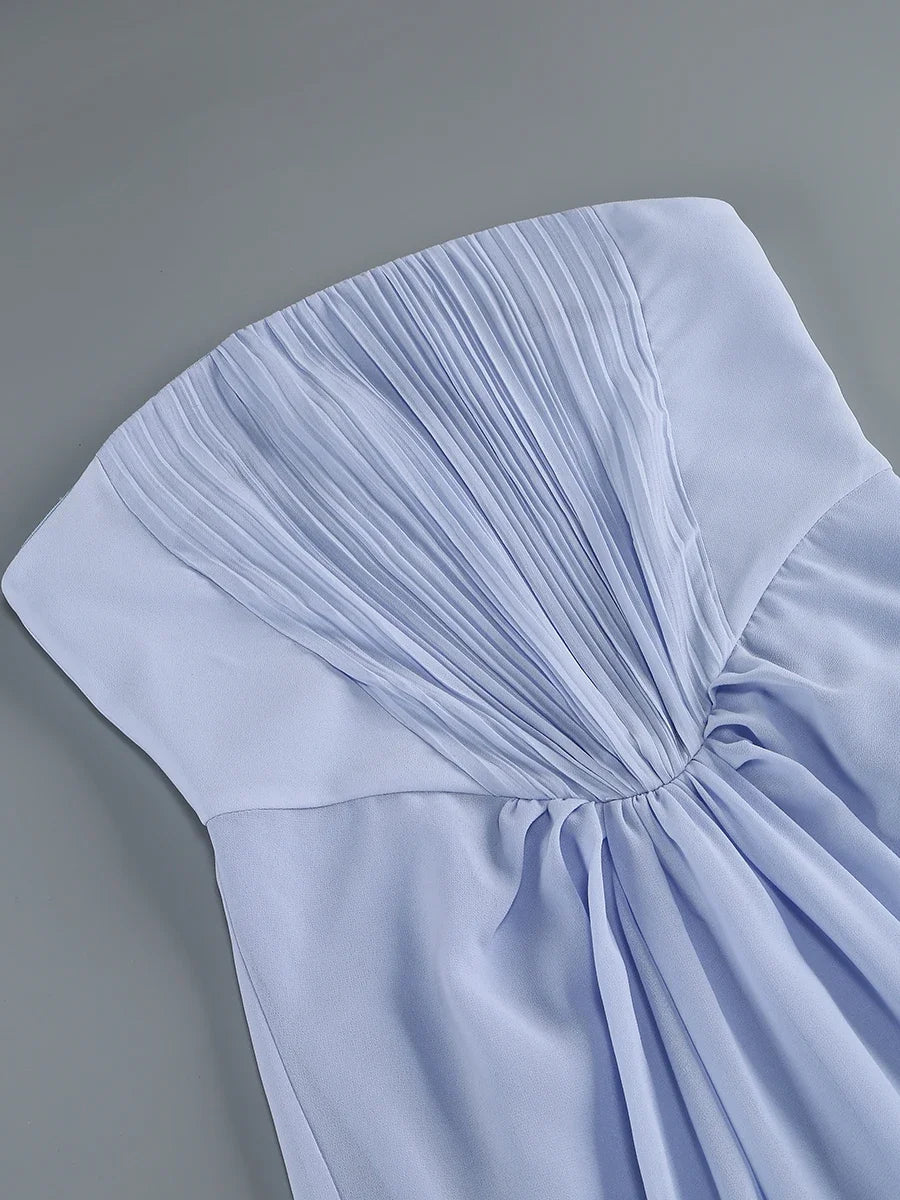 Evening Dress – Strapless Pleated Ruched – Polyester – Light Blue | KIMLUD