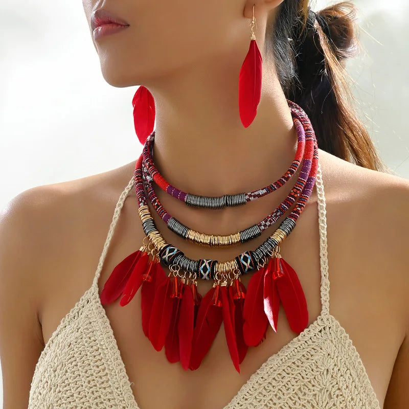 Fashion Vintage Ethnic Feather Choker Necklace Earrings Set For Women Multilayer Nekclace Earrings Jewelry Sets
