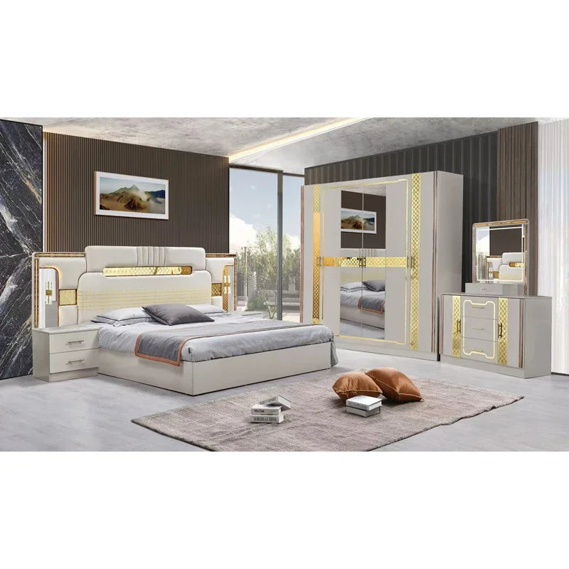 A Wholesale Wooden Frame Double King Size Bed Room Set LED Headboard Modern Home Full Luxury Bedroom Sets Furniture
