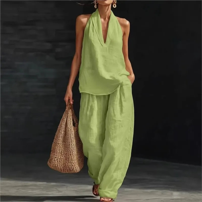 Two Piece Set – Sleeveless V Neck Top and Wide Leg Pants – Broadcloth | KIMLUD