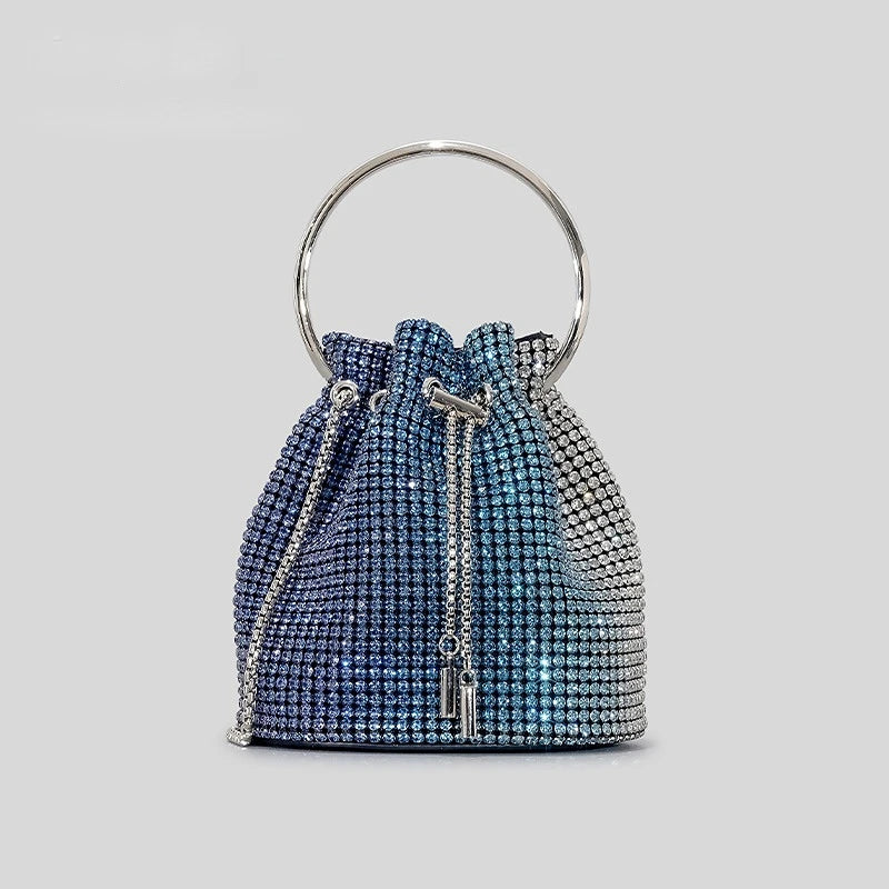 Crystal Tassel Evening Clutch Round Handle — Pink-Silver Gradient | KIMLUD