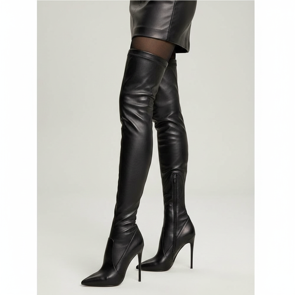 Matte Leather Pointed-Toe Over-The-Knee Boots Stiletto Heel — Black | KIMLUD