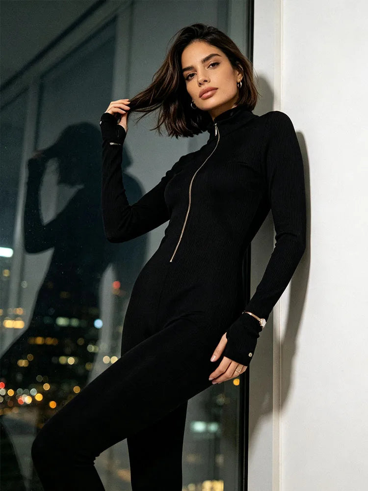 Jumpsuit – Y2K Half Zip High Neck – Polyester Cotton – Bodycon | KIMLUD