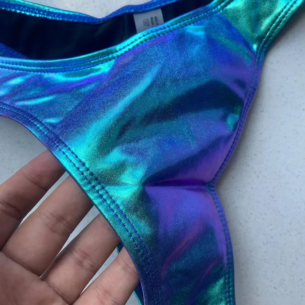 Holographic Triangle Bikini Push Up Thong Bandage Two-Piece Swimsuit — Blue | KIMLUD