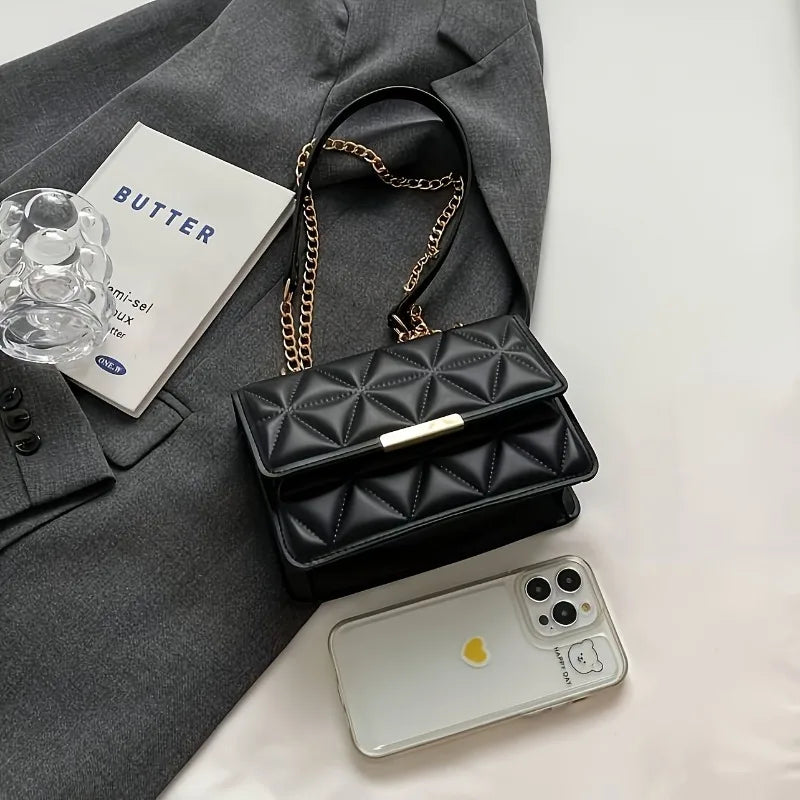 PU Leather Shoulder Bag Quilted Chain Small Square — Black | KIMLUD
