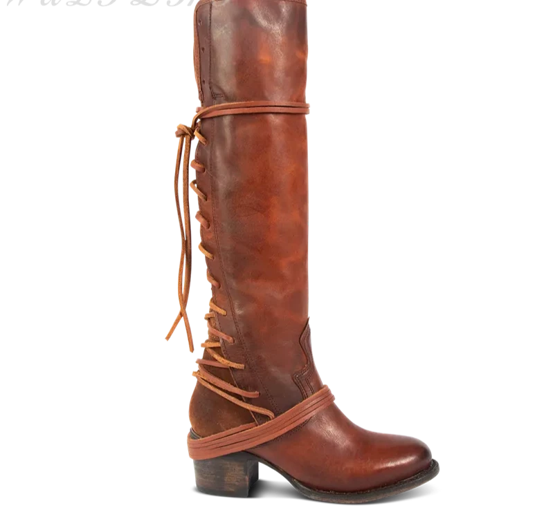 KIMLUD, Women's Cross Strap Red Brown Knee High Boots Luxury 2023 Leather Thick High Heel Zipper Pointed Toe Western Ladies Riding Boots, as picture / 35, KIMLUD APPAREL - Womens Clothes