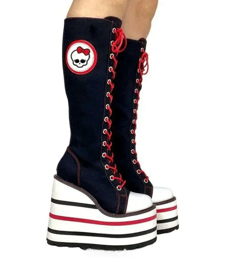 KIMLUD, Canvas red Check Platform Knee high Boots Women Metal Chain Round Toe Wedges Cross Tied Lolita Heighten Shoes Lovely Sexy Boots, KIMLUD Womens Clothes