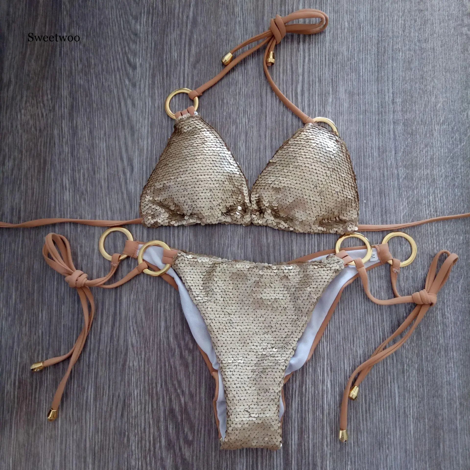 Sequin Bikini Set With Halter Neck — Emerald | KIMLUD