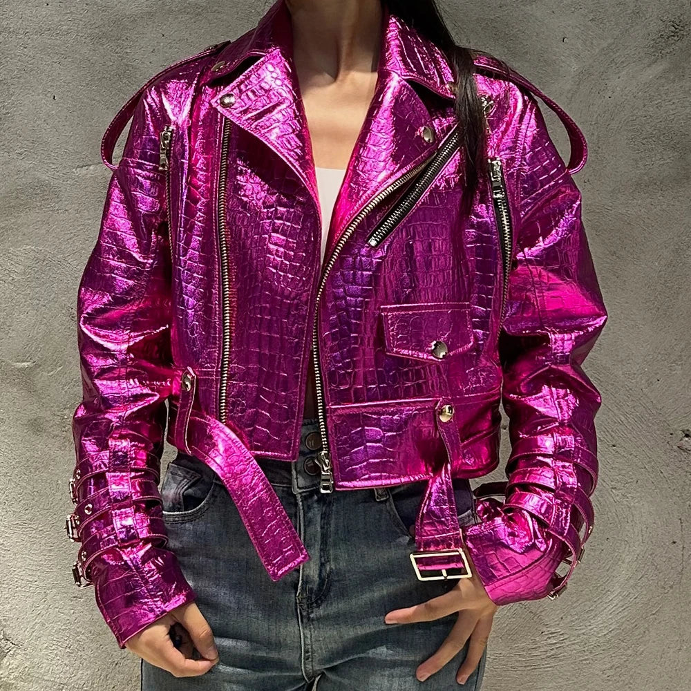 Shiny Blue Women Leather Jacket Real Lambskin Leather Cloth Streetwear Leather Jackets