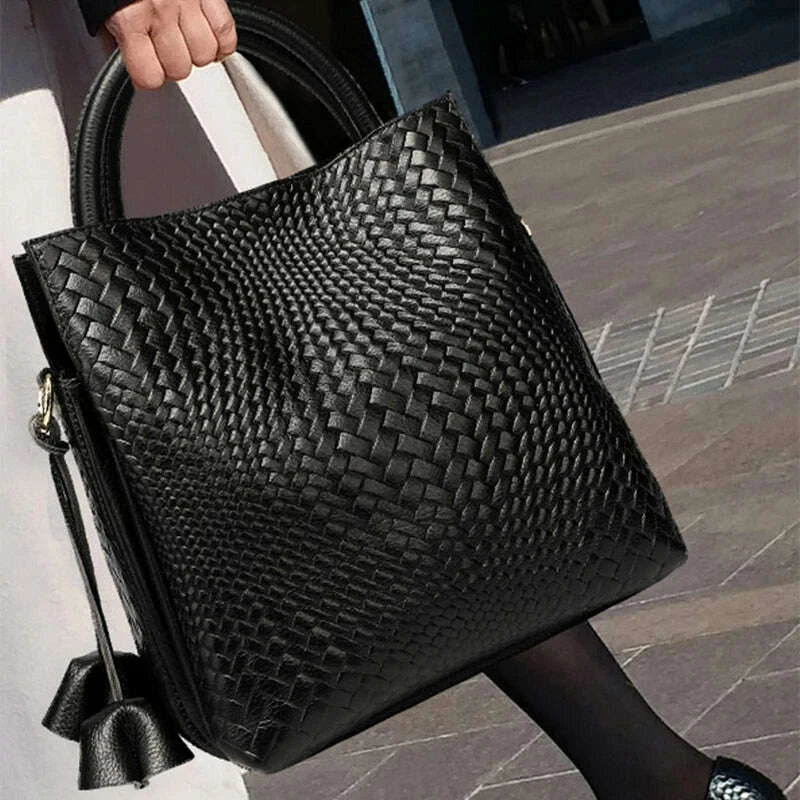 KIMLUD, Fashionable and luxurious woven pattern casual versatile black woven pattern daily commuting cowhide women's handbag, KIMLUD Womens Clothes
