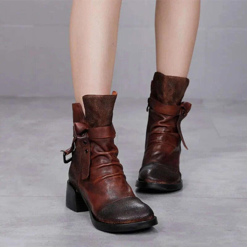 KIMLUD, Careaymade-Genuine Leather Patchwork Ankle Vintage Short Boots Zipper Women Shoes Fashion Round Head Mujer Soft Botas Femininas, KIMLUD Womens Clothes
