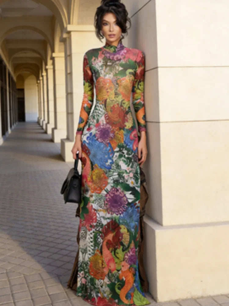 Patchwork Floral Long-Sleeve Top O-Neck — Multicolor | KIMLUD