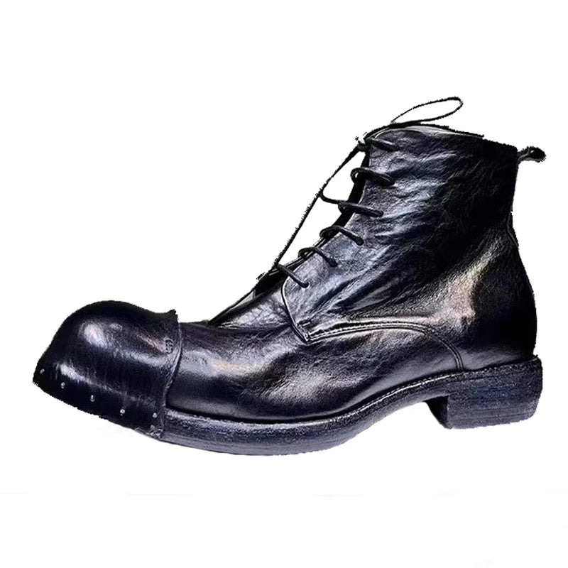 Men's Horse Leather Vintage Wash Water Old Leather Boots Handmade Goodyear- Men's Short Boots Lace Up Round Head Men