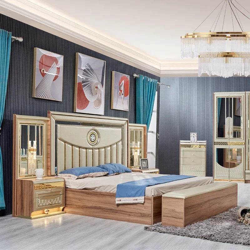 Gold Wood Double Leather King Size Bed Meuble De Chambre a Coucher Complet Wooden Modern Home Full Bedroom Furniture Set