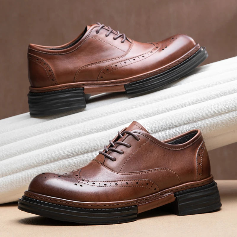 Retro Mens Casual Business Shoes Luxury Genuine Leather 2025 Spring Fashion Platform Handmade Quality Brogues Formal Shoes Male
