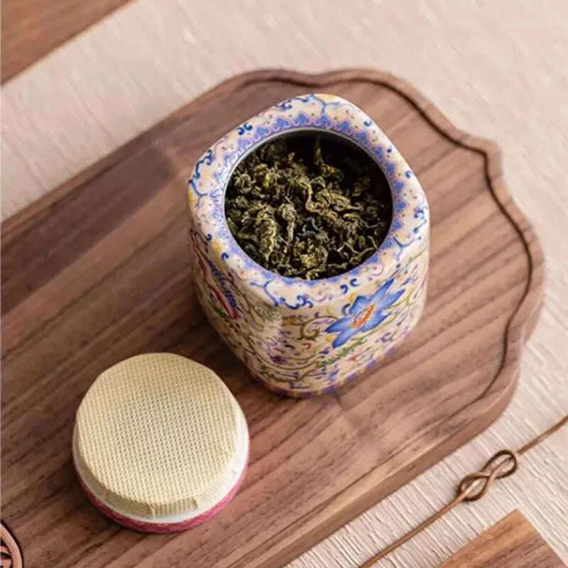 KIMLUD, Chinese Ceramic Tea Caddy Painted Jewelry Box Home Seal Candy Nuts Coffee Beans Storage Jar Kitchen Container Home Decoration, KIMLUD Womens Clothes