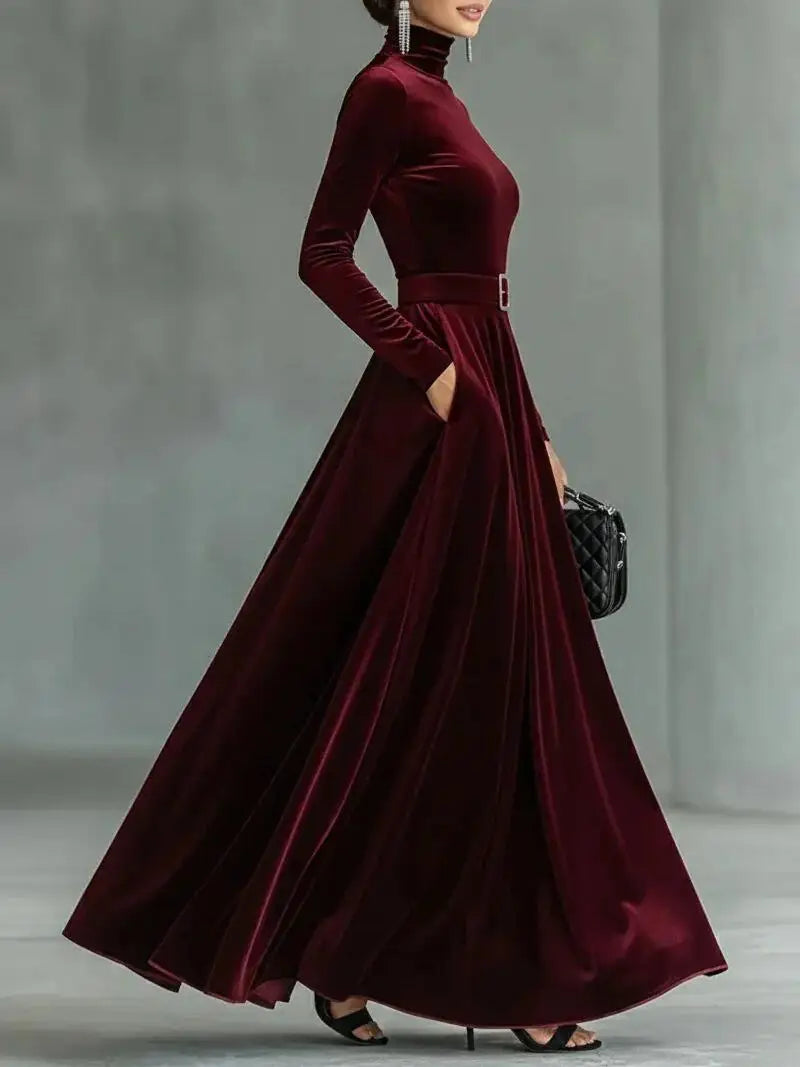 Velvet High Collar Evening Gown Mid-Waist Draped Skirt — Black | KIMLUD