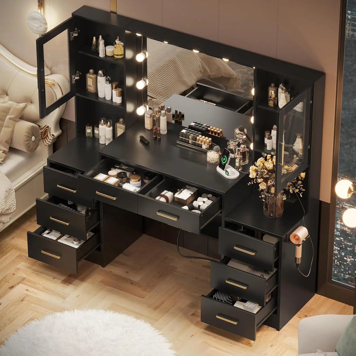 Matte Black Makeup Vanity Desk With Mirror And Lights — Black | KIMLUD