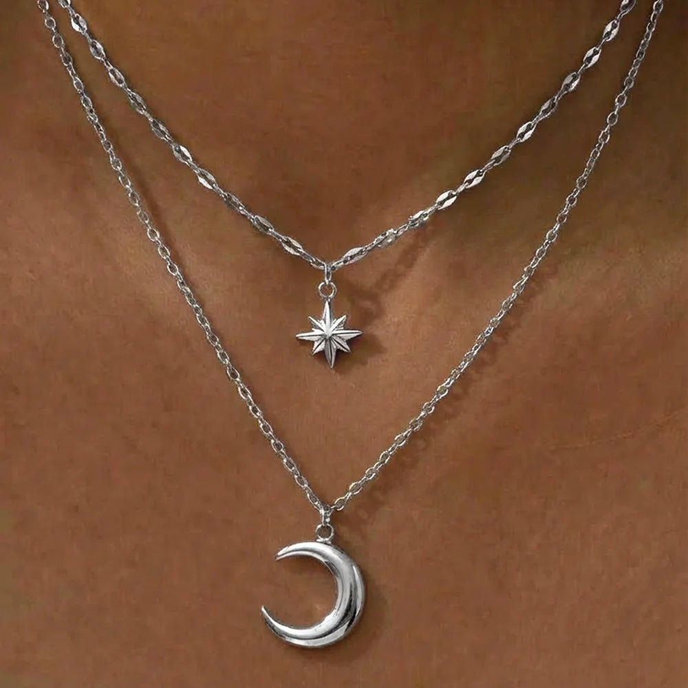 Stainless Steel Necklace Eight-Pointed Star Moon Pendant — Silver | KIMLUD