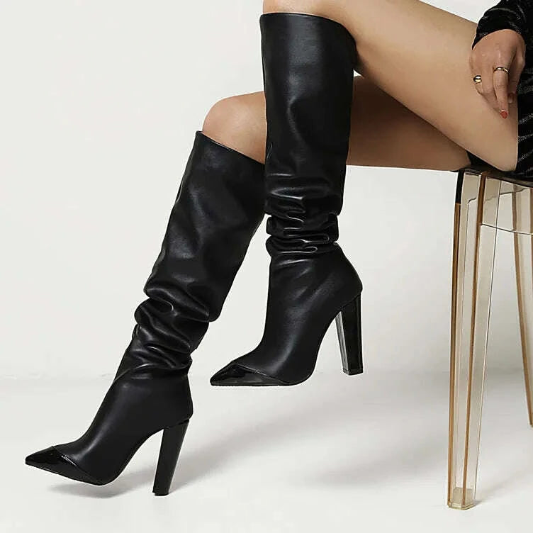 KIMLUD, Patchwork Pointed Toe Wrinkle Knee High Boots Block High Heels Fashion Leather Casual Boot Unique Sexy Lady Party Dress Shoes, KIMLUD Womens Clothes