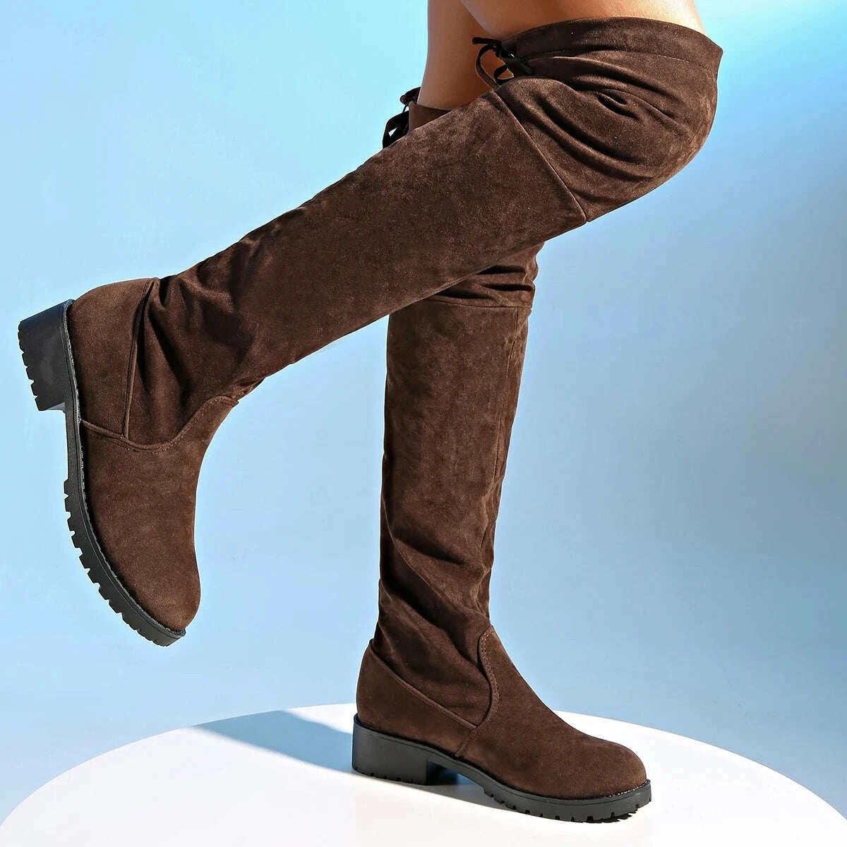KIMLUD, 2024 New Women Boots Winter brown Over The Knee Boots Comfort Lace Up Chunky High Heels Shoes Fashion Warm Suede Round Toe Boots, KIMLUD Womens Clothes