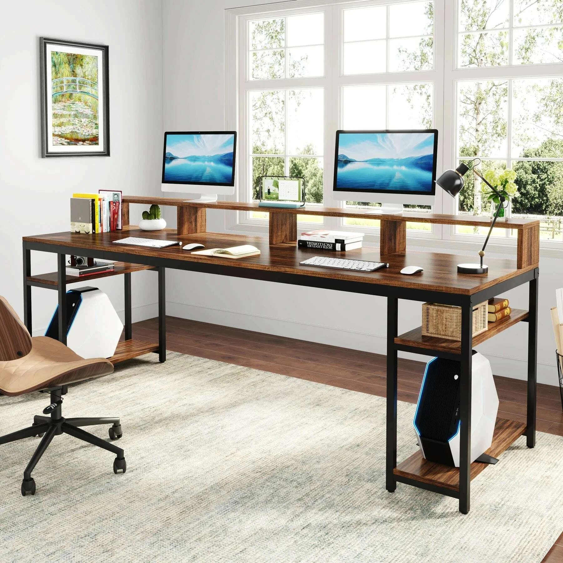 tribesigns-7874-inches-extra-long-two-person-desk-double-computer-desk-with-monitor-stand-and-storage-shelves-work-tablekimludkimlud-35570994
