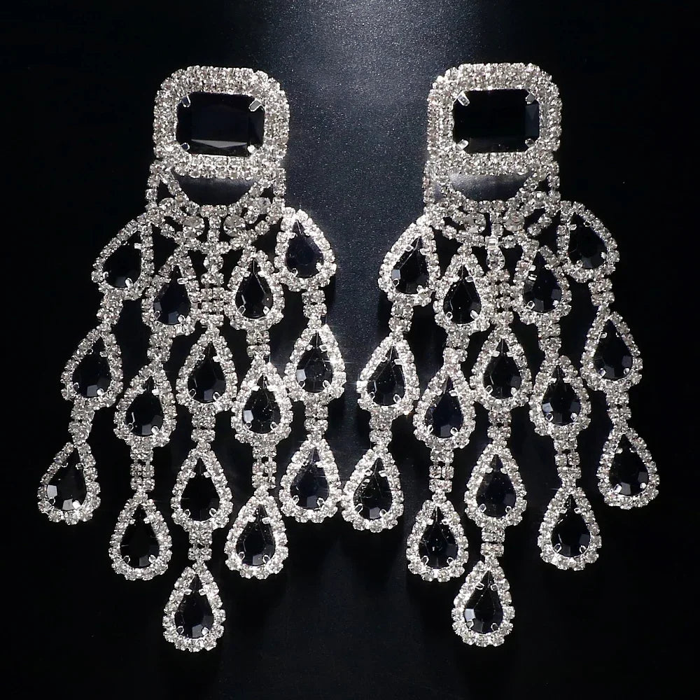 Crystal Tassel Earrings Water Drop Dangle — Black | KIMLUD