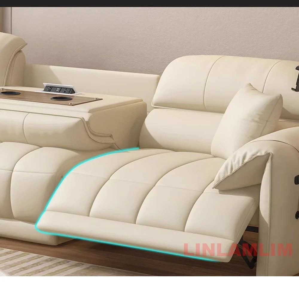 Italian Genuine Leather Electric Reclining Sofa With Adjustable Footrest USB And Foldable Center Console — Caramel Tan | KIMLUD