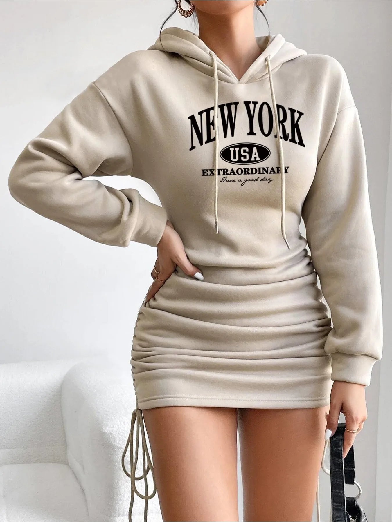Hooded Dress – Letter Printed – Polyester – Mini Length | KIMLUD