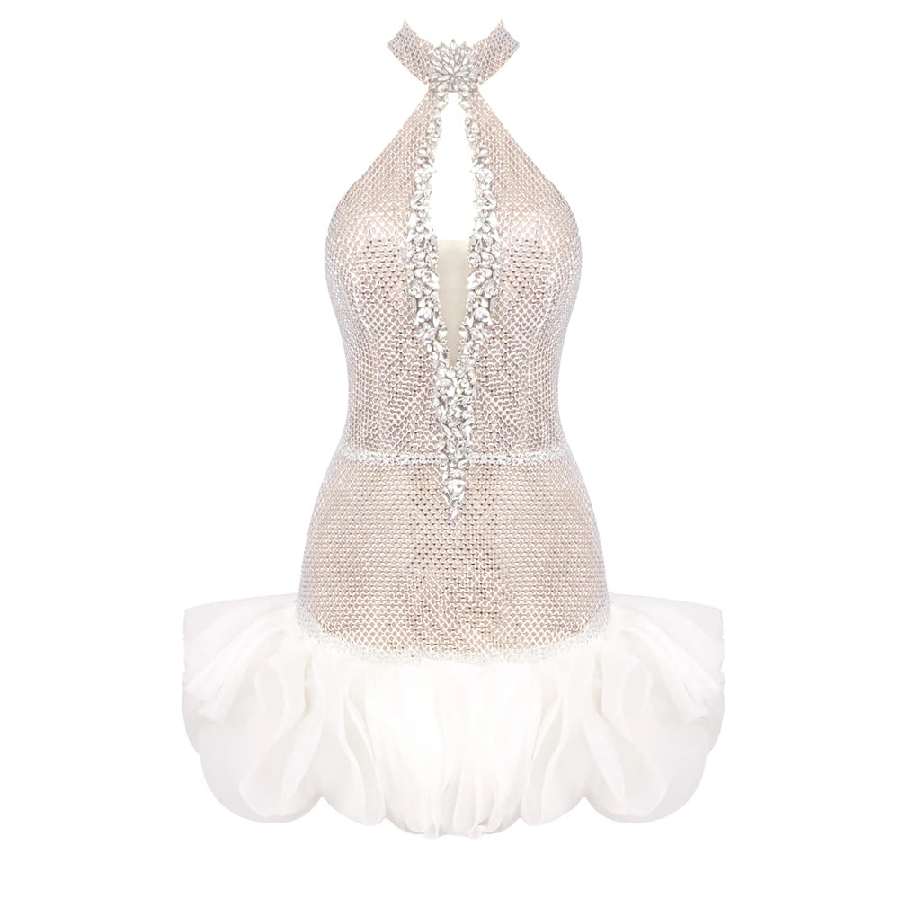 VC Shiny Silver Sequins Beaded Short Prom Dress Luxury Rhinestones Key Hole Halter Backless O Neck Short Tulle Cocktail Dress