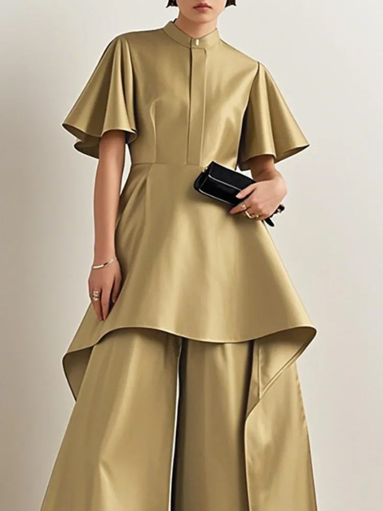 Polyester Solid Pleated Stand Collar Top — Gold | KIMLUD