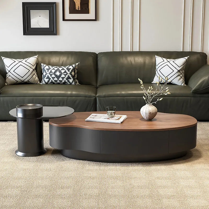 Solid Wood Minimalist Modern Coffee Table With Integrated Storage And Sculpted Edges — Walnut | KIMLUD