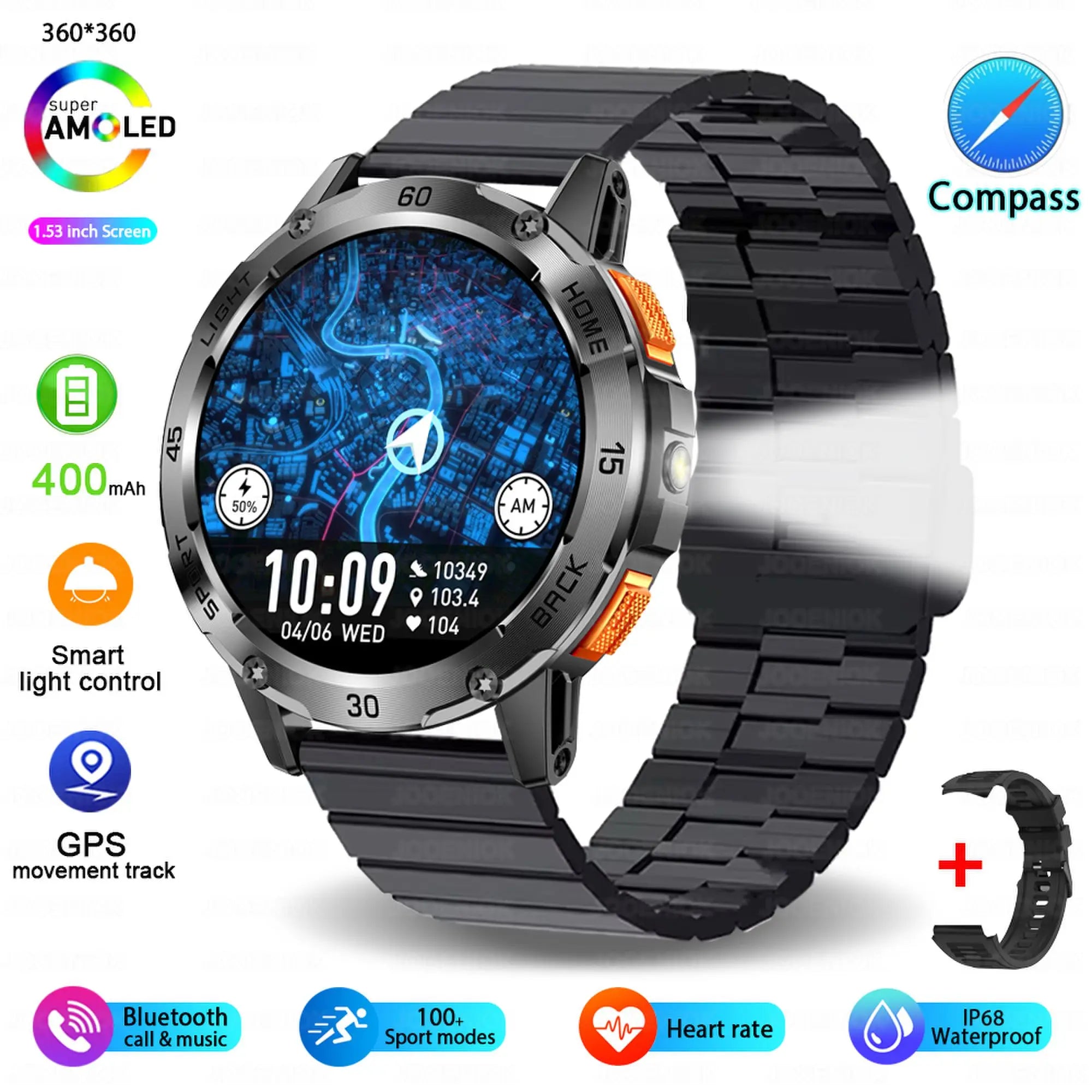 Outdoor Sport Smart Watch Men Compass 400mAh Battery Flashlight Health Monitoring Waterproof Bluetooth Call Smartwatch 2025 New