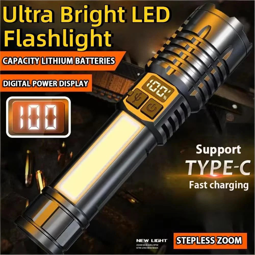 High Power LED Flashlight Type-C Rechargeable Waterproof Torch with COB Side Light Portable Zoom Camping Hiking Outdoor Lamp