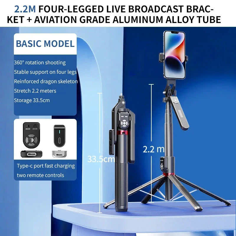 P325 Dual Remote Selfie Stick 2.2M Extended Mobile Phone Quadpod Wireless Bluetooth Selfie Stick Handheld Stabilizer Bracket