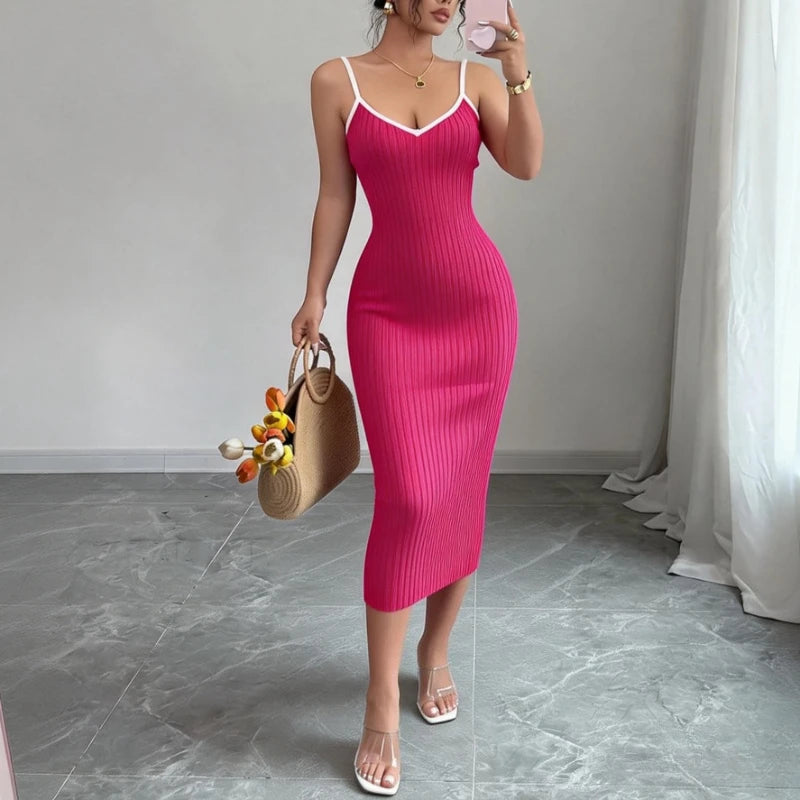 Knit Ribbed Midi Bodycon Dress For Summer — Pink | KIMLUD