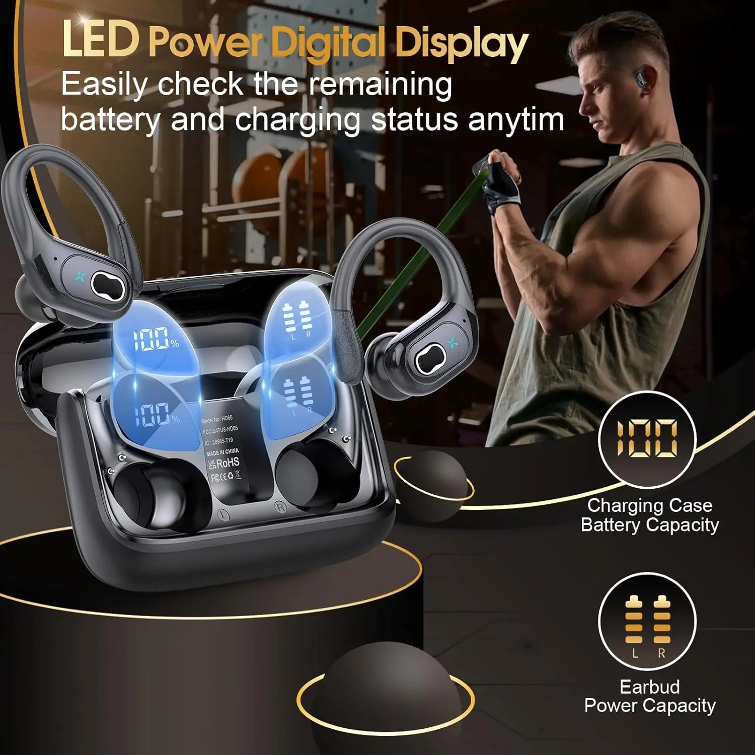 Glossy Plastic True Wireless Sport Earbuds With LED Touch Controls And Auto Pairing — Black | KIMLUD