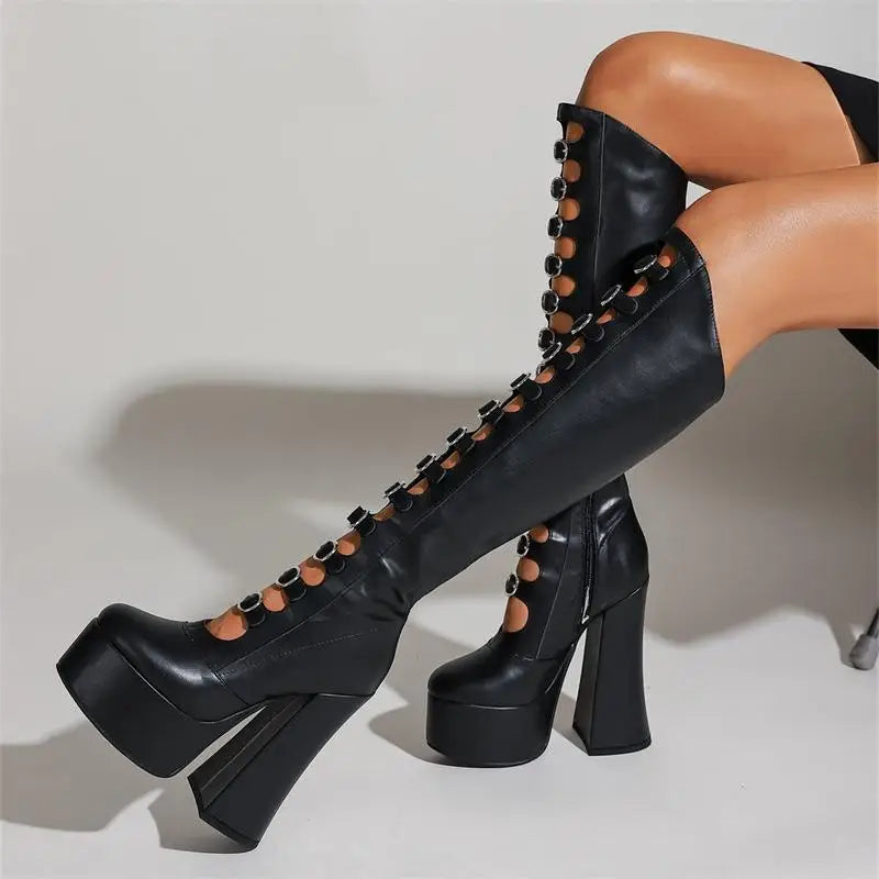 PU Knee-High Boots Side Zipper Square Heel Platform — Black | KIMLUD
