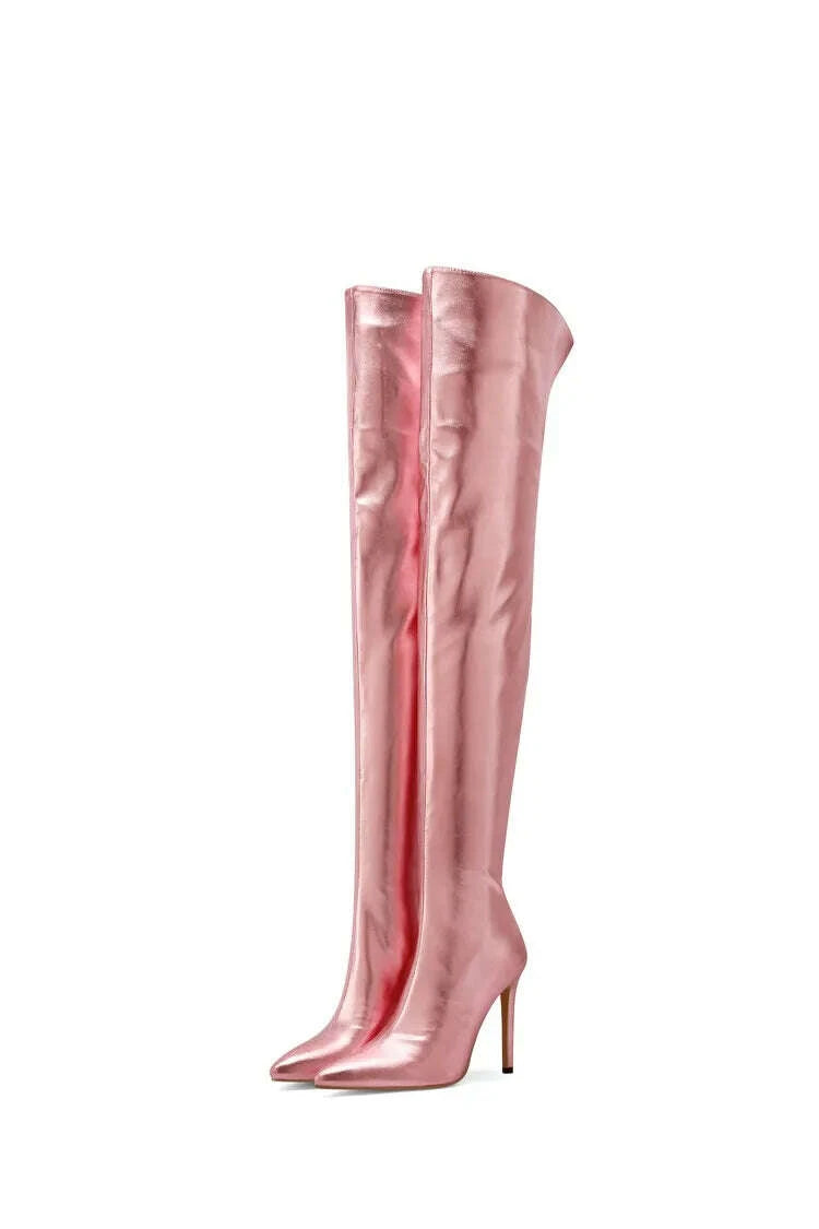 KIMLUD, Sexy Silver Gold Rear Zipper Over Knee Boots Women's Pointed High Heels European and American Fashion Long Boots Big Size 34-43, KIMLUD Womens Clothes