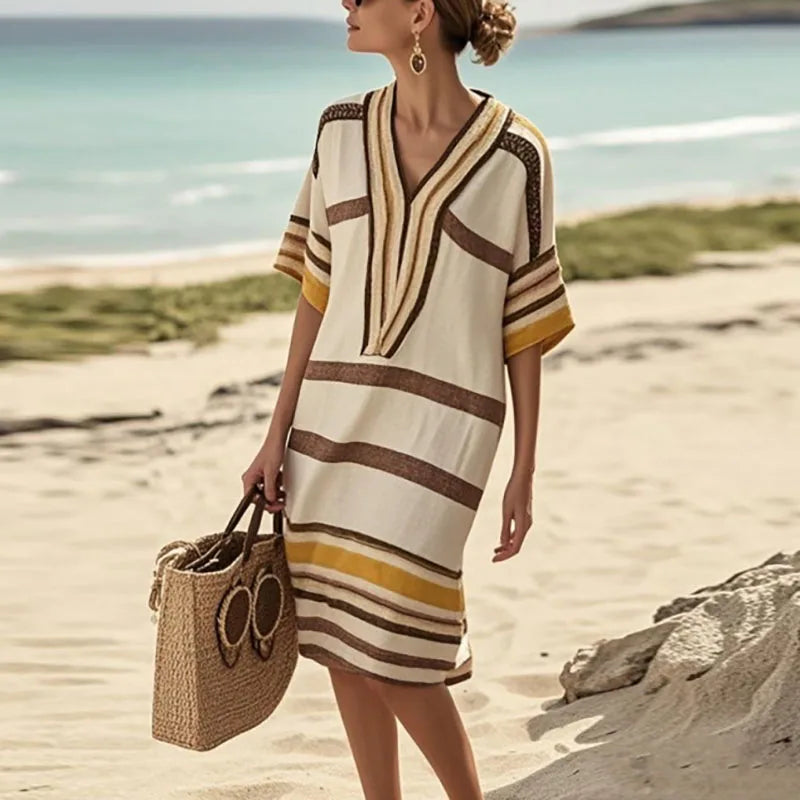 Spring Casual V Neck Holiday Dress Mujer Woman Summer Short Sleeve Loose Boho Dress 2025 New Retro Striped Print Commute Dresses
