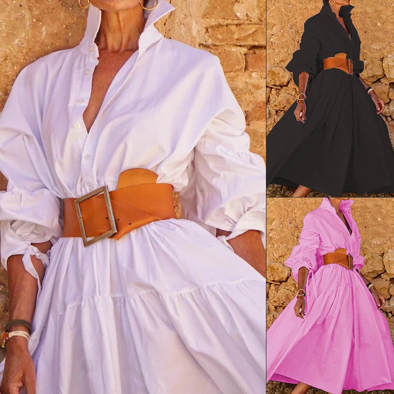 A-Line Midi Dress – Long Sleeve V-Neck – High Waist Button Detail | KIMLUD