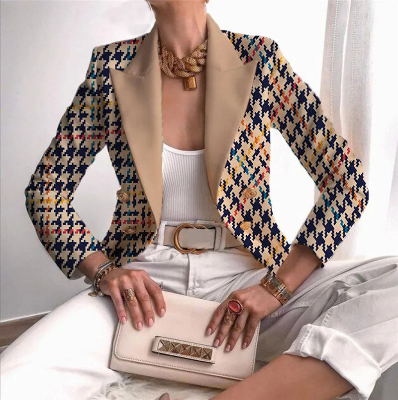 Suits & Sets – Plaid Blazer Notched Collar – Polyester | KIMLUD